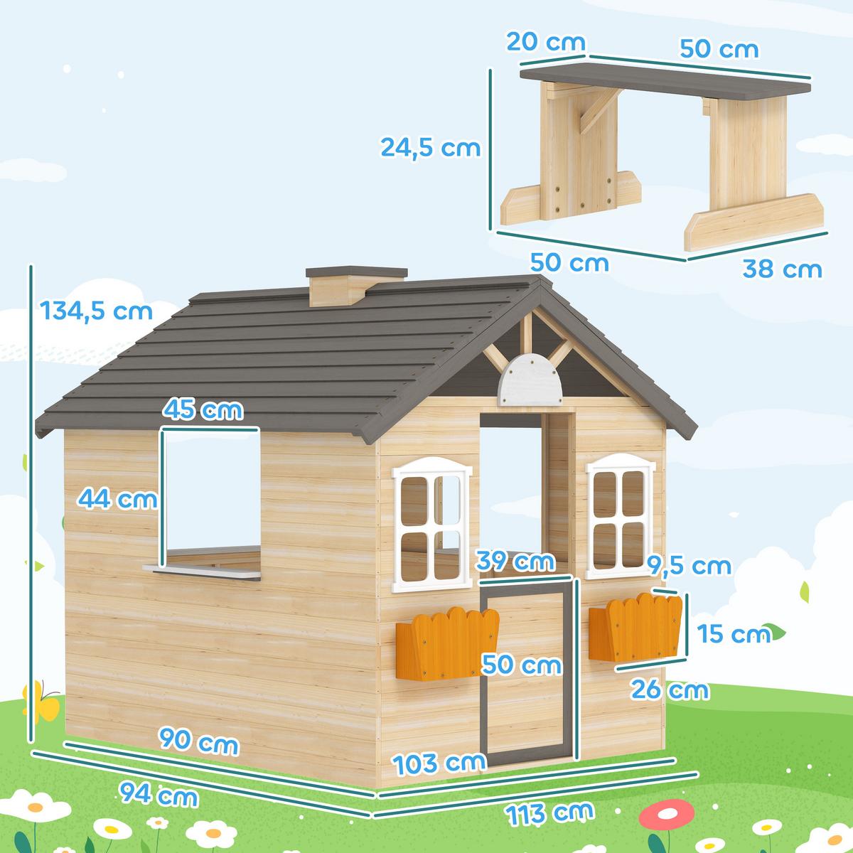SPIELHAUS für Kinder Holz Kinderspielhaus mit Fenster Briefkasten Holzspielhaus - Naturfarben, Holz (94/134.5/113cm) - Outsunny