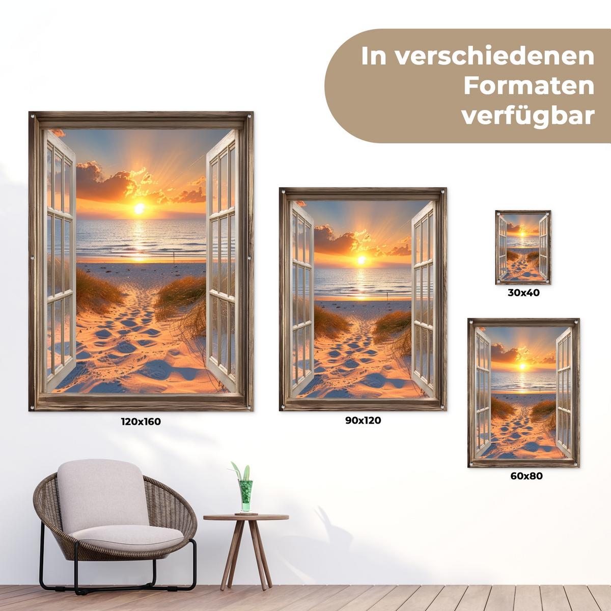 GARTENPOSTER Durchblick - Strand - Dünen - Sonnenuntergang Gartendekoration 120x160 cm - Orange, Kunststoff (120/160/0.2cm) - OnlyWow