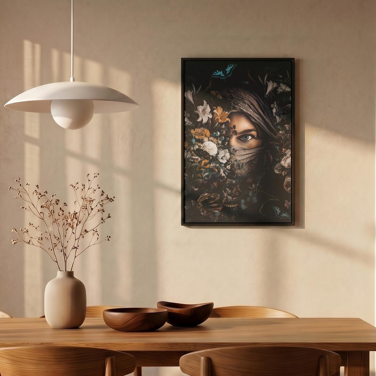 LEINWAND Bilder mit Rahmen - Frau - Luxus - Blumen - Schmetterling - Porträt - 40x60 - Schwarz, Textil (40/60cm) - MuchoWow