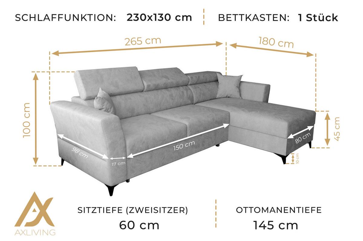 ECKSOFA L Form Ribella Olivgrün 265/180/100 cm Links mit Schlaffunktion - Schwarz/Grün, Textil/Metall (180/265cm) - AX Living