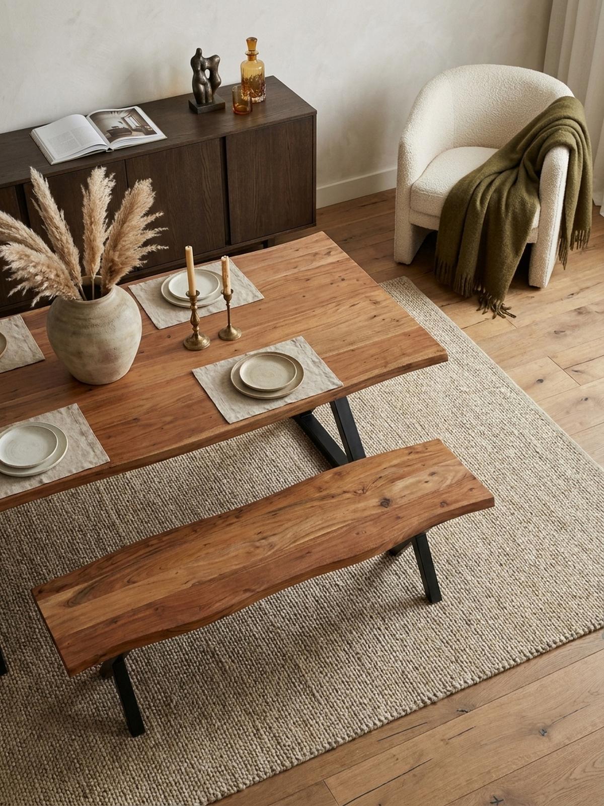 ESSZIMMERBANK Massivholz Metall Baumkante X-Beine, Akazie 160x40x46 cm - Schwarz/Braun, Holz/Metall (160/46/40cm) - KADIMA DESIGN