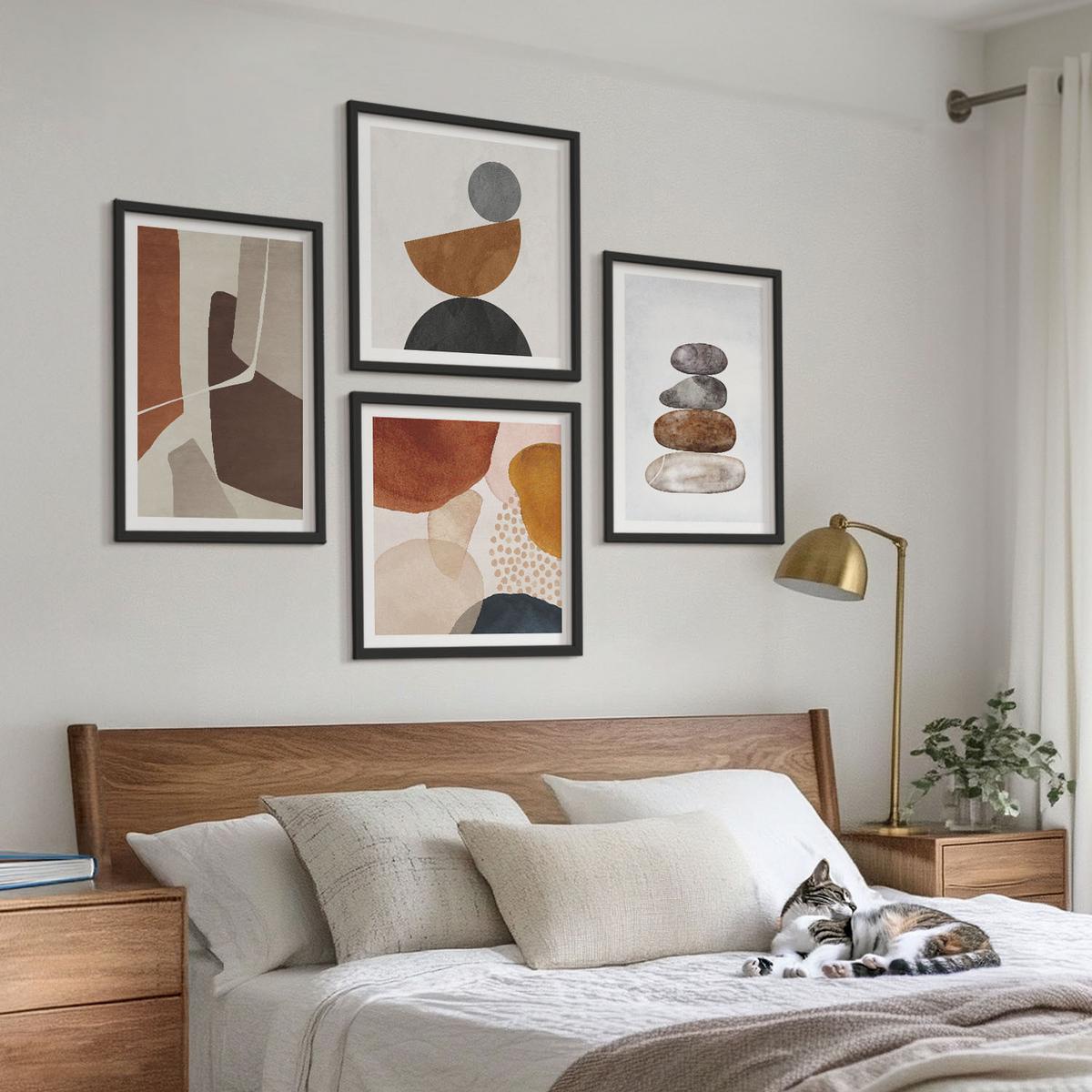 BILDER SET 4er Set - 50x50 cm & 40x60 cm Schwarzer Rahmen - Abstrakte Malerei Dekorationen - Schwarz, Kunststoff (50/50cm) - TULUP