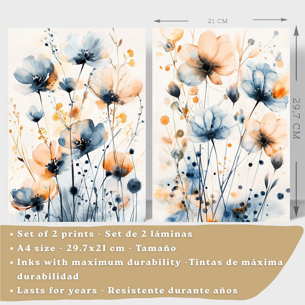 POSTER 2er-Set Wandbilder Blumen Blau Orange Boho modern Wohnzimmer Deko, Schlafzimmer, Küche, Badezimmer Rahmenlos A4 - Beige, Papier (29.7/1/21cm) - Nacnic