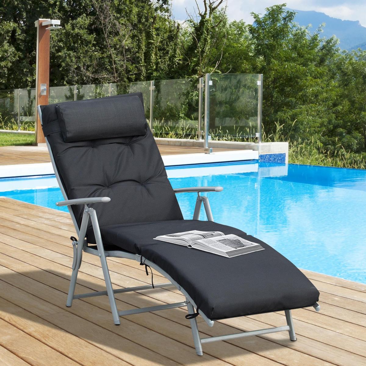SONNENLIEGE, klappbar mit Kissen, Metall+Stoff, Schwarz, 137 x 63,5 x 100,5 cm - Multicolor, Metall (63.5/100.5/137cm) - Outsunny