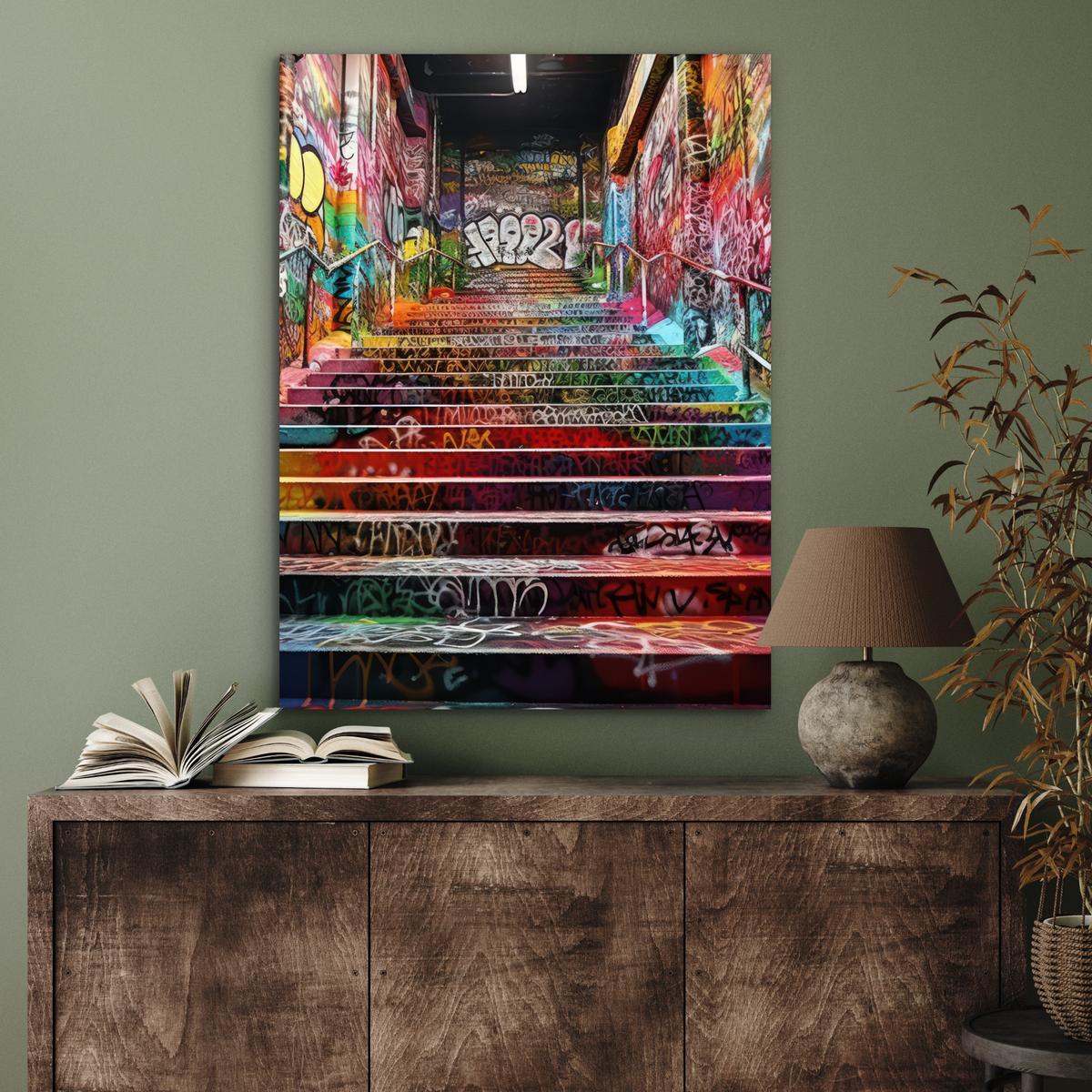 METALLBILD Treppe - Graffiti - Farben - Kunst 60x80 cm - Multicolor, Metall (60/80cm) - MuchoWow