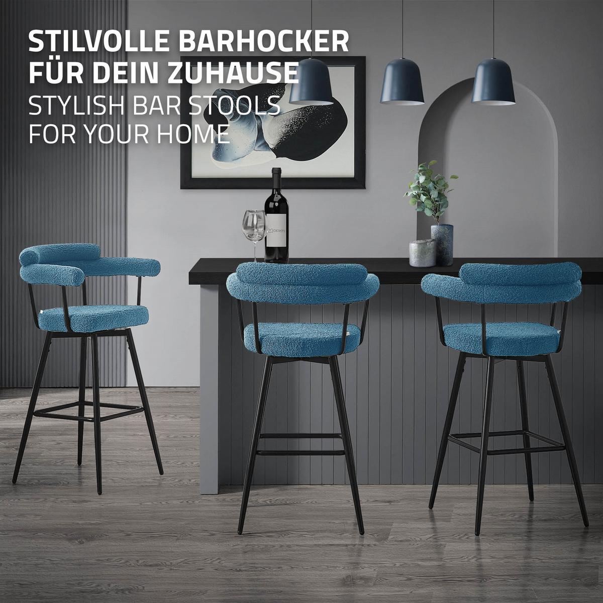 BARHOCKER 2er Set drehbar Blau mit Teddy-Stoff 76 cm hoch - Blau/Schwarz, Textil/Metall (61/103/55cm) - ML-DESIGN