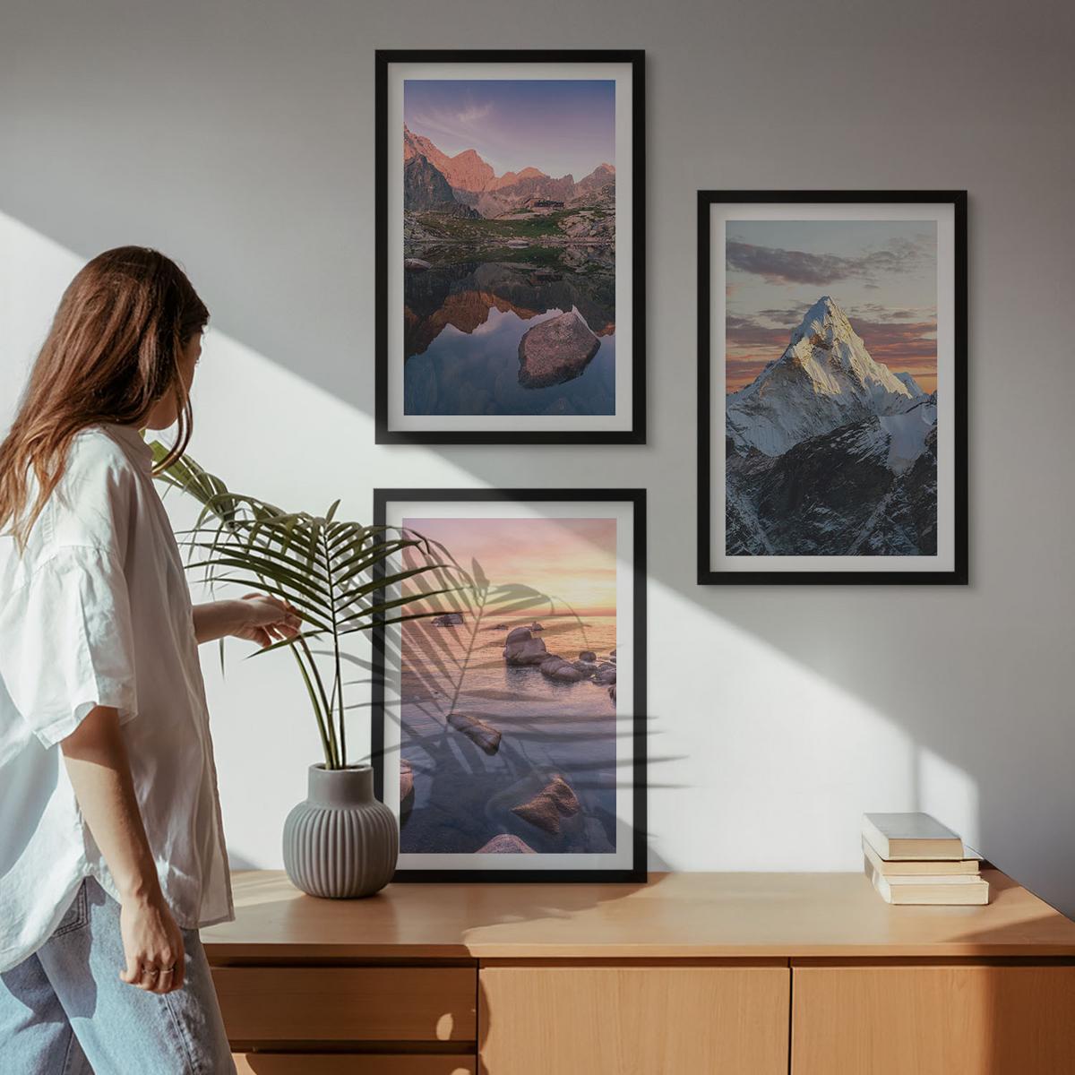 BILDER SET 3er Set - 40x60 cm Schwarzer Rahmen - Berglandschaften im Hintergrund - Schwarz, Kunststoff (40/60cm) - TULUP
