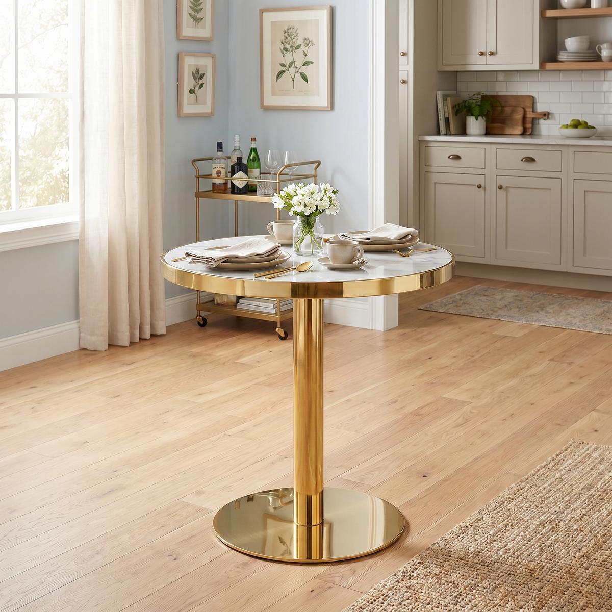 ESSTISCH in marmor-optik und gold, runder edelstahl-sockel und kratzfest - Goldfarben, Holzwerkstoff (60/60/74cm) - Urban Meuble
