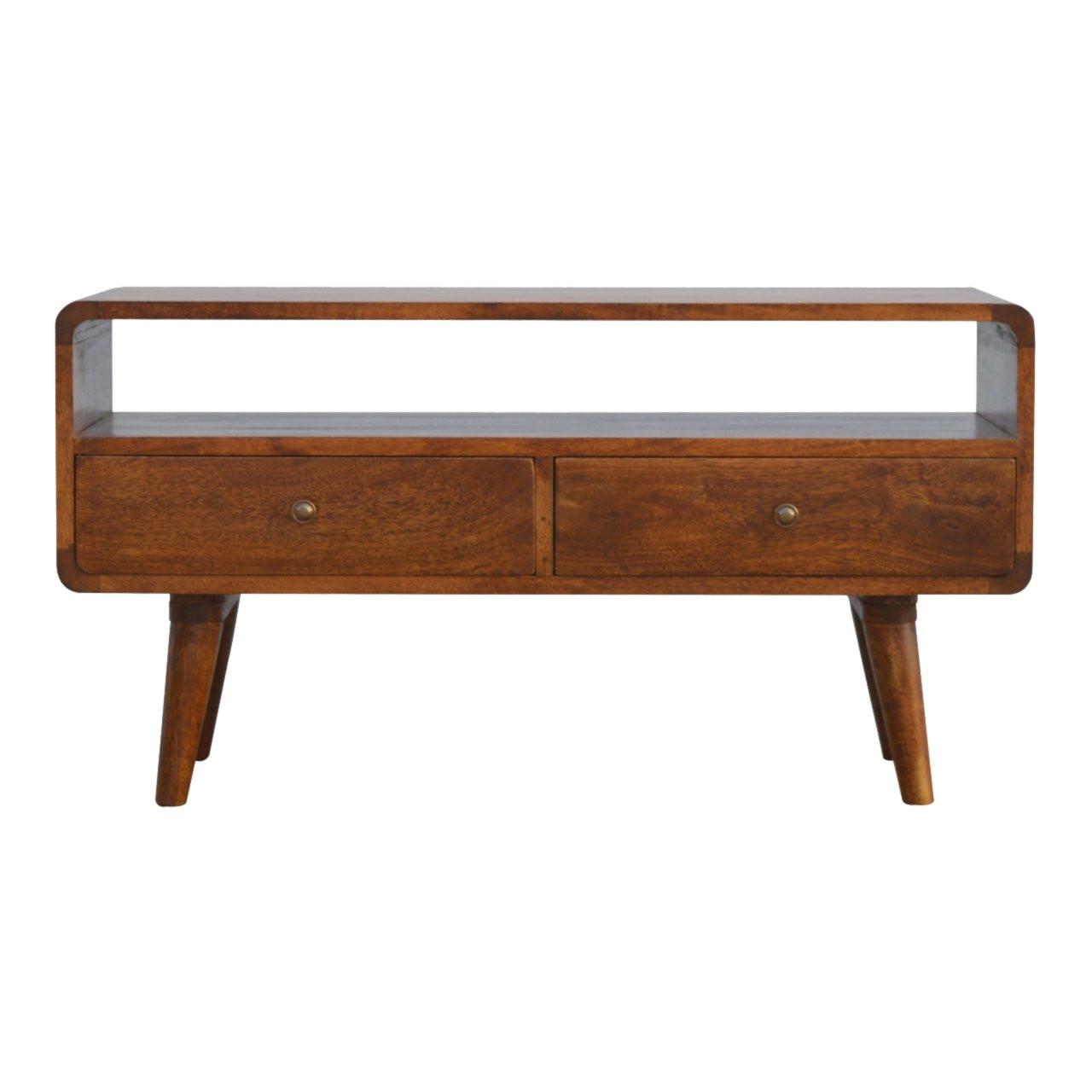 MEDIENUNIT Massives Mangoholz Gewölbte, Kastanienholz-Finish, mit 2 Schubladen - Messingfarben/Braun, Holz/Metall (90/47/35cm) - Artisan Furniture