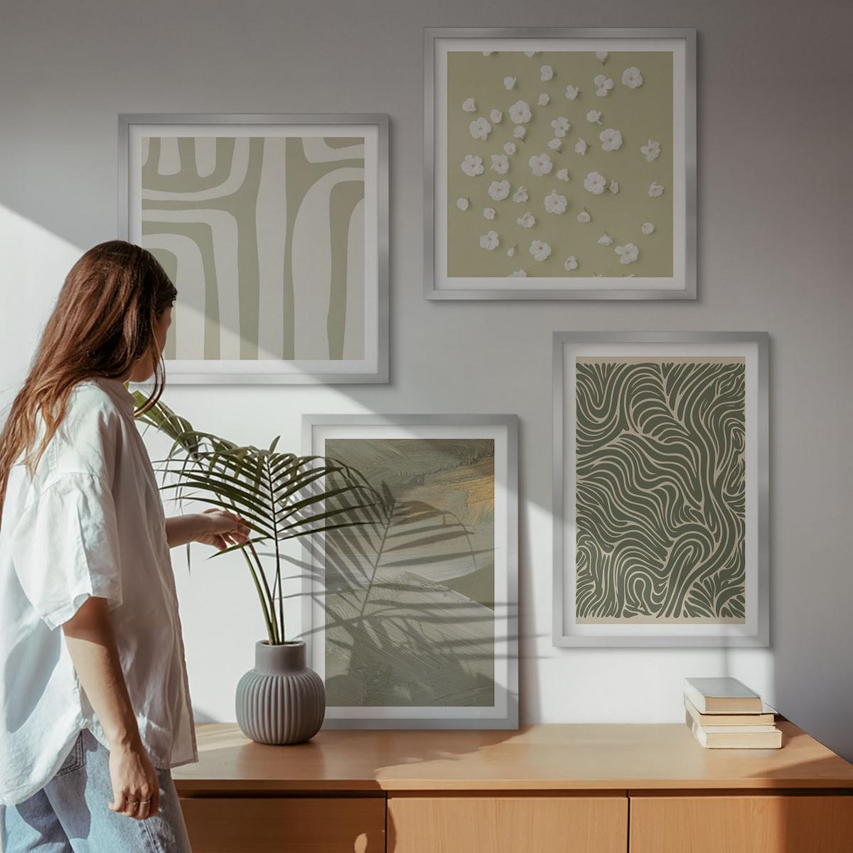 BILDER SET 4er Set - 50x50 cm & 40x60 cm Silberner Rahmen - Abstrakte Boho-Muster - Silberfarben, Kunststoff (50/50cm) - TULUP