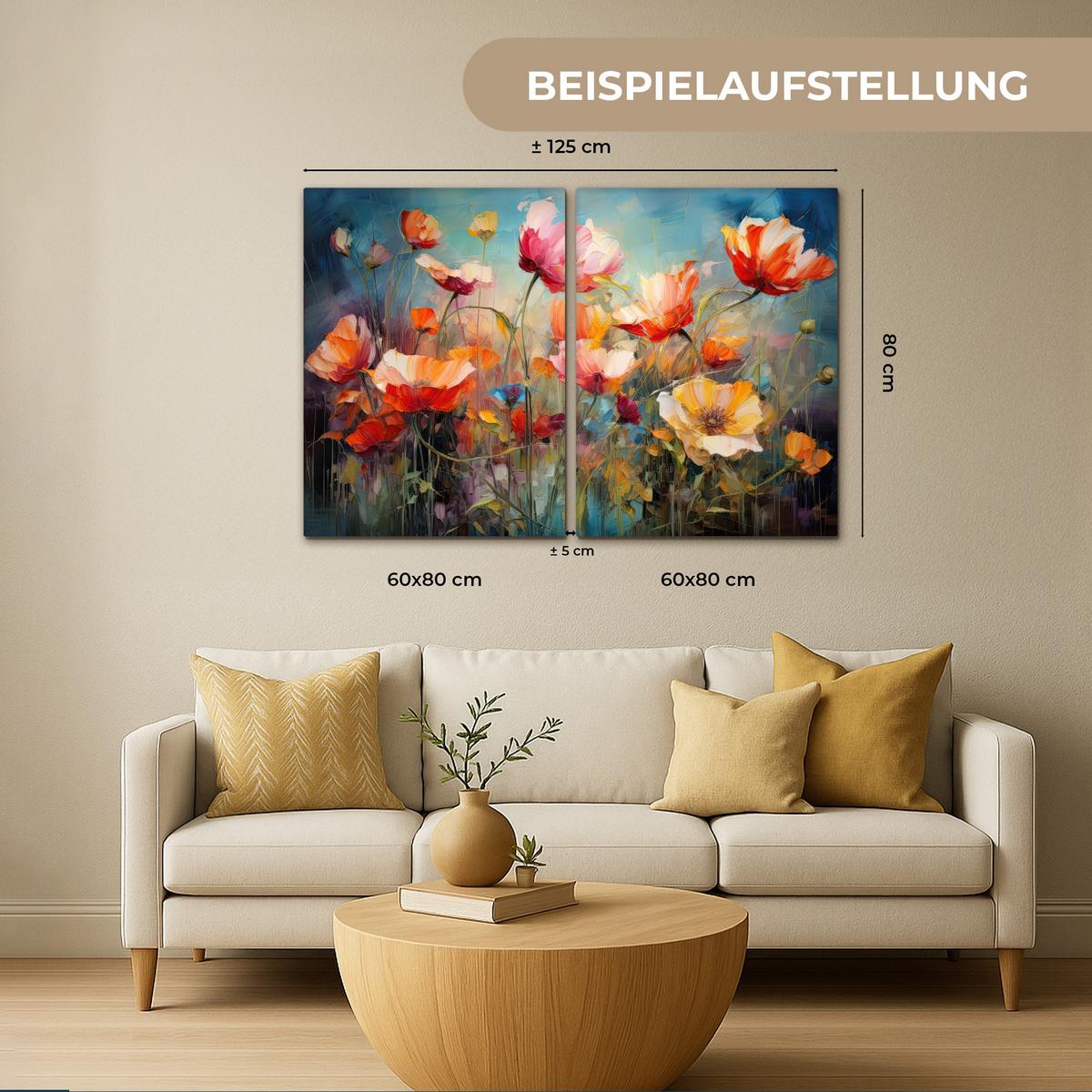 LEINWANDBILD 2er Set Blumen - Bunt - Abstrakt 100x70 cm - Blaugrau, Textil (100/70cm) - MuchoWow