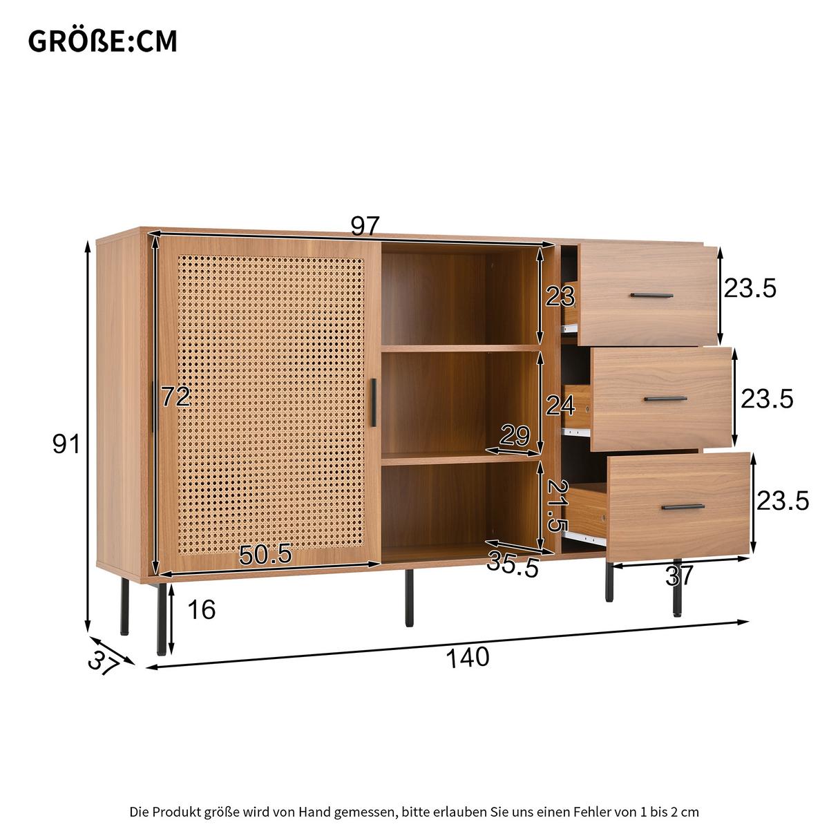 SIDEBOARD 2 Schiebetüren, 3 Schubladen, verstellbare Regale Wohnzimmer & Esszimmer Aufbewahrung - Braun, Holzwerkstoff (140/91/37cm) - Urban Meuble