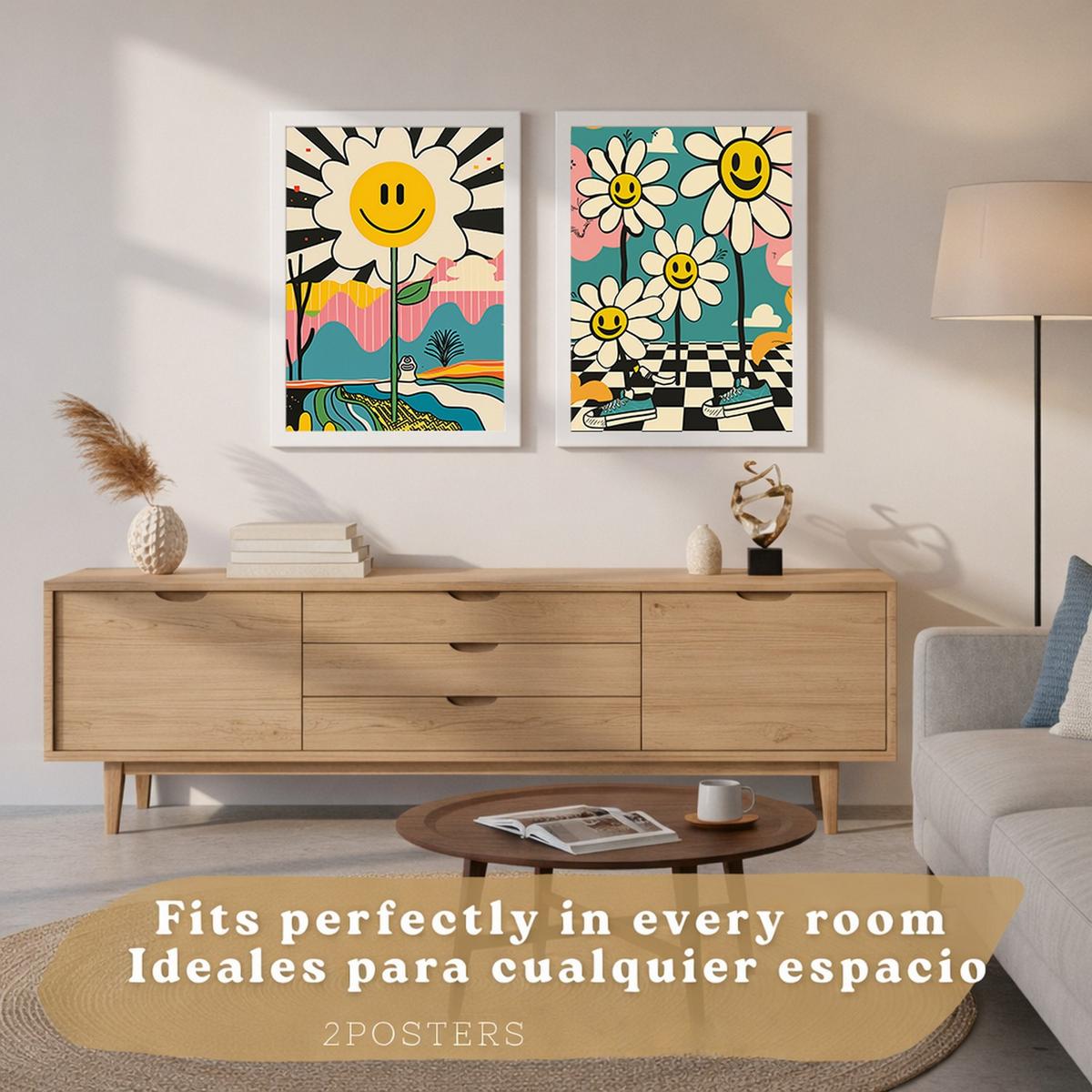 POSTER 4er Kunstdruck-Set Wandbilder Smiley Blume modern Wohnzimmer Deko, Schlafzimmer, Küche, Badezimmer Rahmenlos A3 - Klar, Papier (29.7/1/42cm) - Nacnic