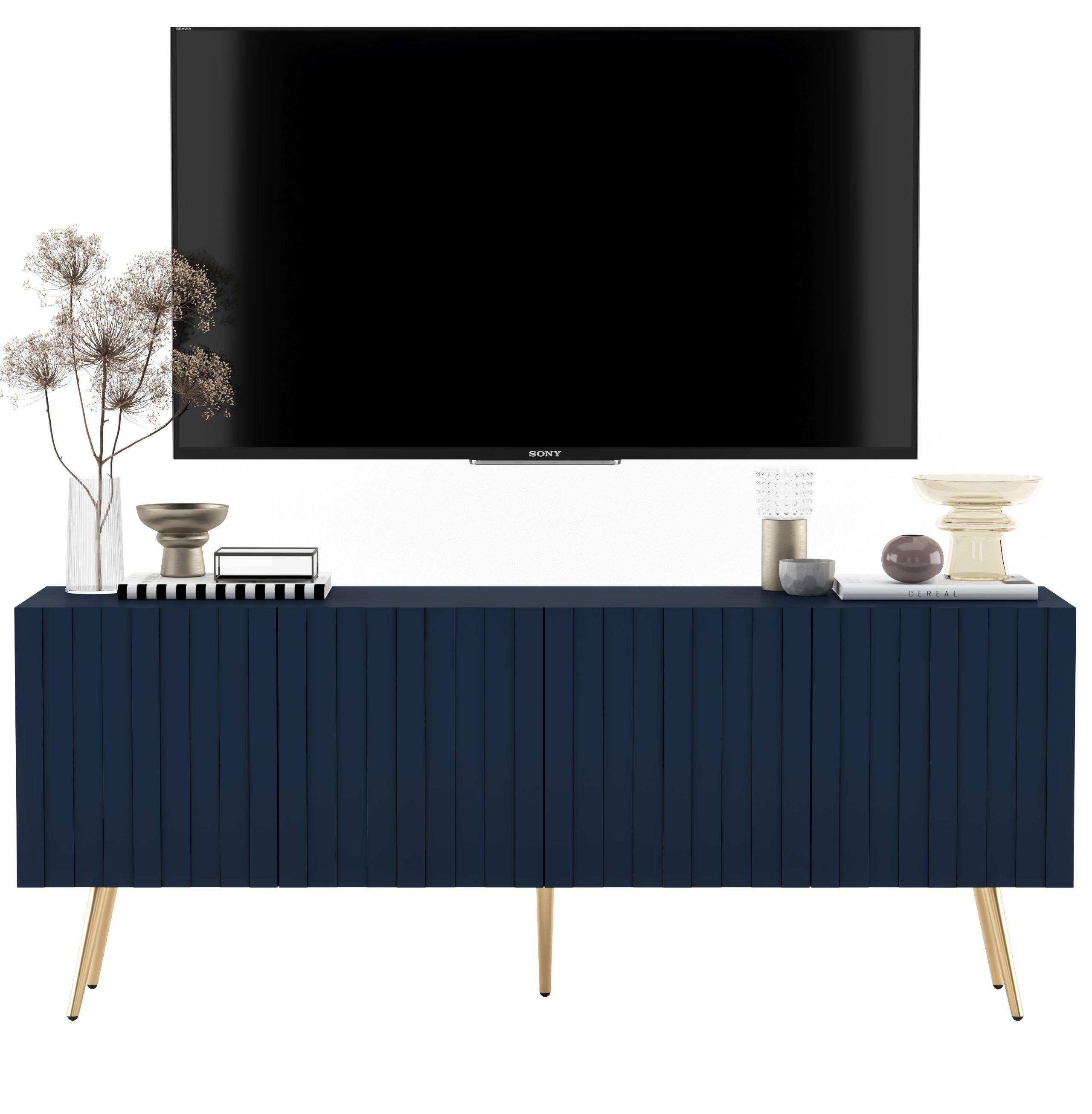 TV-SCHRANK Elpis Marineblau Matt mit goldenen Metallbeine Glamour 150 cm - Blau/Goldfarben, Holzwerkstoff/Metall (150/60.5/36.5cm) - Meble Lindner