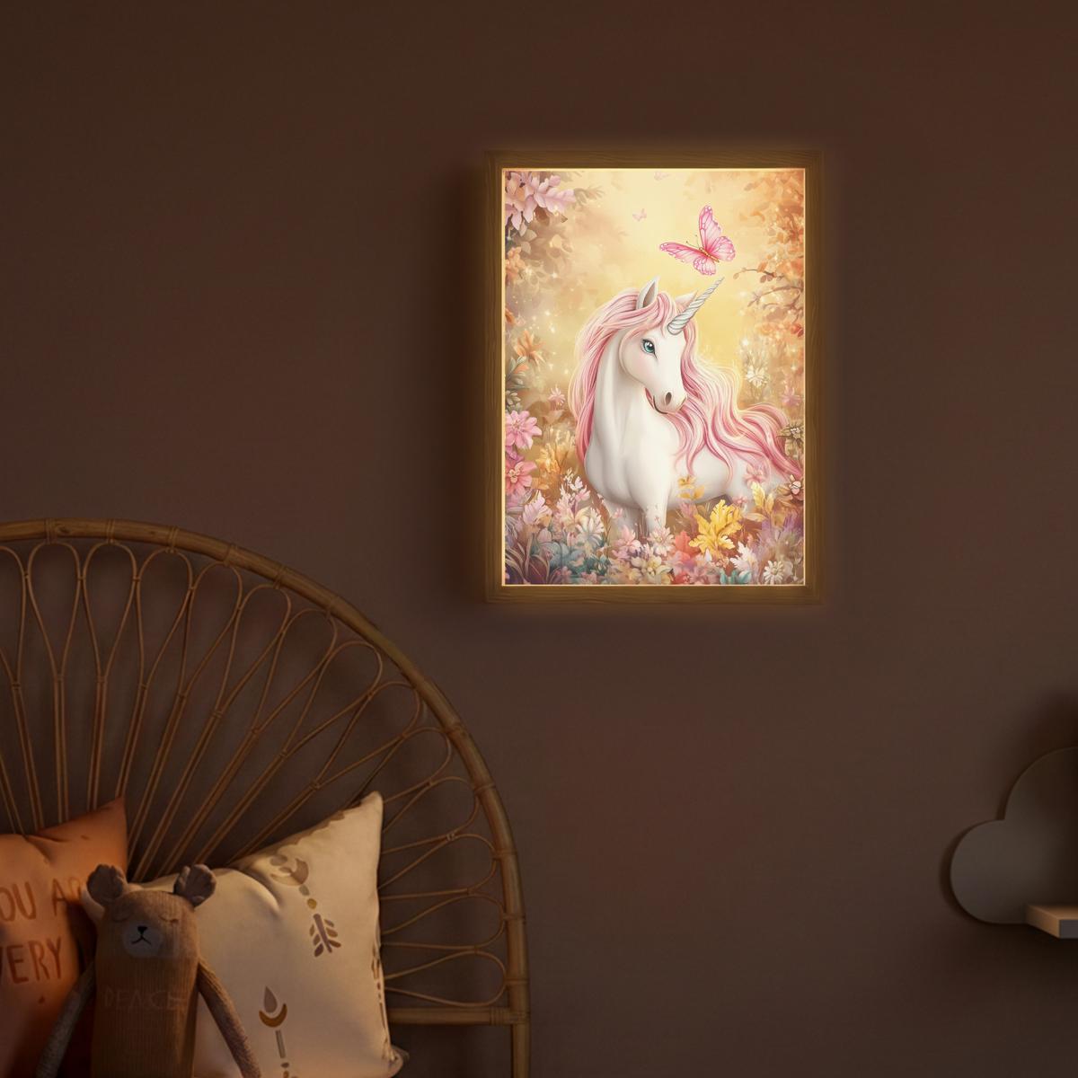 NACHTTISCHLAMPE MIT AKKU Einhorn - Blumen - Schmetterling - Rosa 30x40 cm - Beige, Holzwerkstoff (8/30/40cm) - OnlyWow