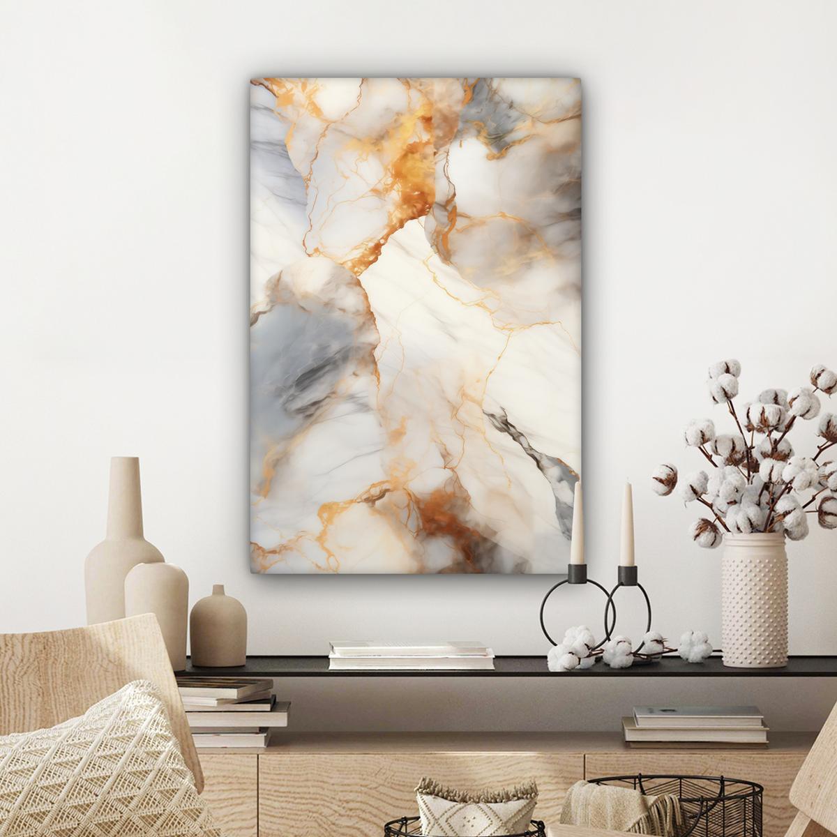 LEINWANDBILD Marmor - Grau - Gold Wanddeko Schlafzimmer 60x90 cm - Weiß, Textil (60/90cm) - MuchoWow