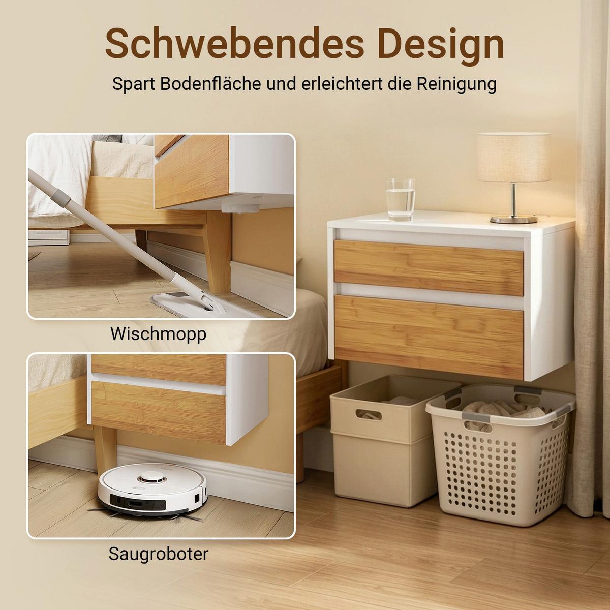 SCHWEBENDER-NACHTTISCH mit 2 Schubladen, Wandregal 40x29,8x25,6cm - Weiß/Naturfarben, Holzwerkstoff (40/26/30cm) - SoBuy