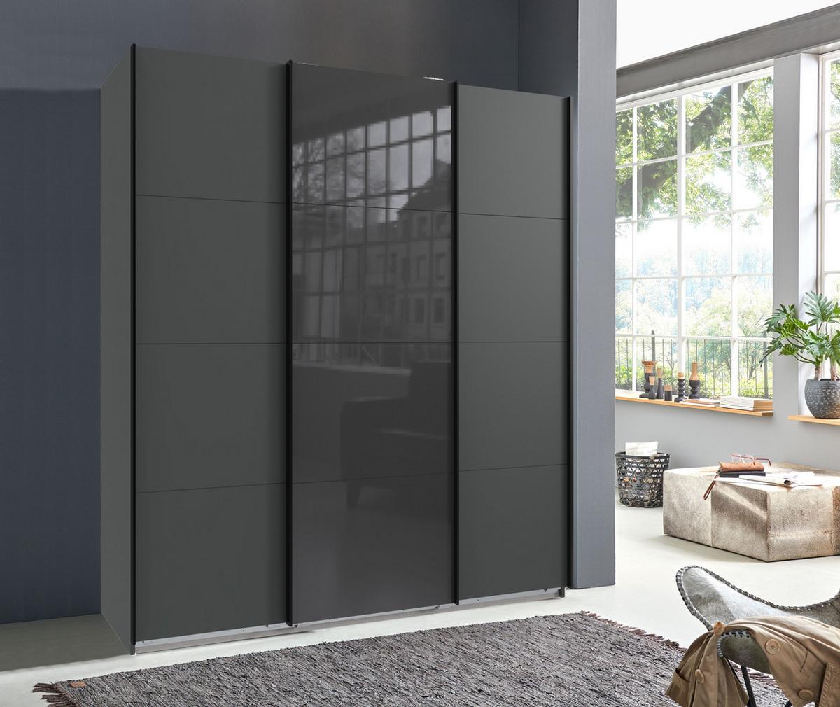 SCHWEBETÜRENSCHRANK 3-türig B180/H208/T64 cm in Grafit, Kleiderschrank mit einer Glasfront-Tür in Grau / 22516 - Graphitfarben/Weiß, Holzwerkstoff/Metall (180/208/64cm) - luma-home
