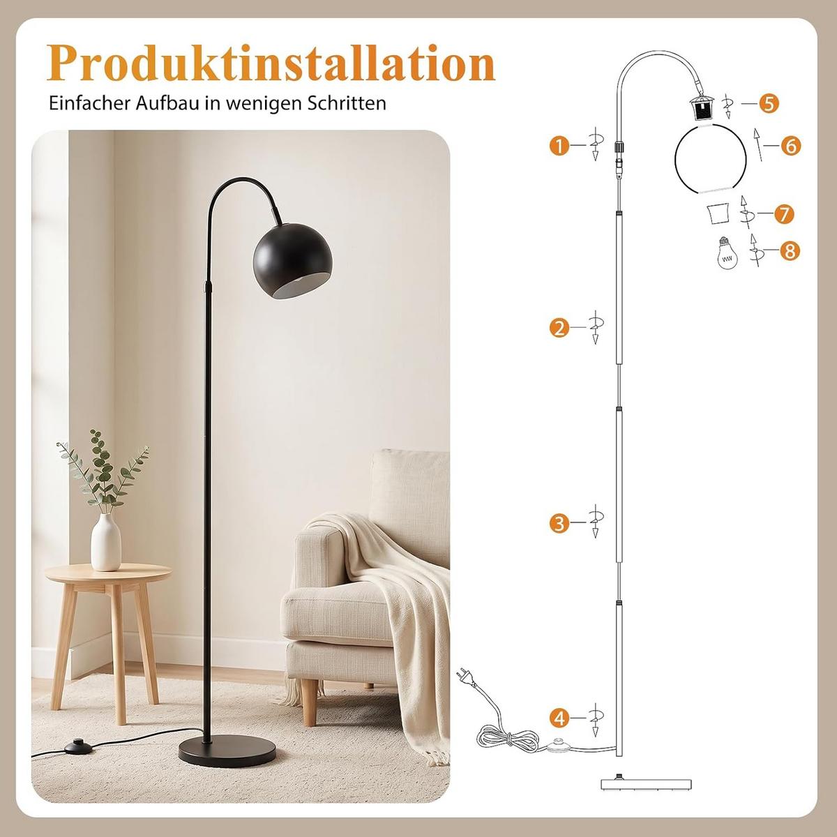 STEHLAMPE Ulyvith 42/20/160 cm - Schwarz, Metall (42/20/160cm) - ZMH