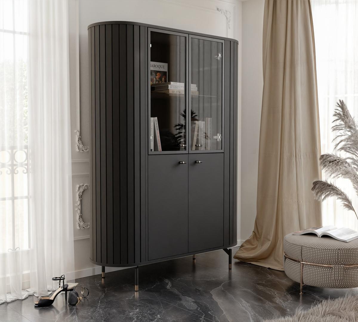 GLASVITRINE geriffelt aus MDF, Schwarz - Schwarz, Holzwerkstoff (112/155/40cm) - Idohome