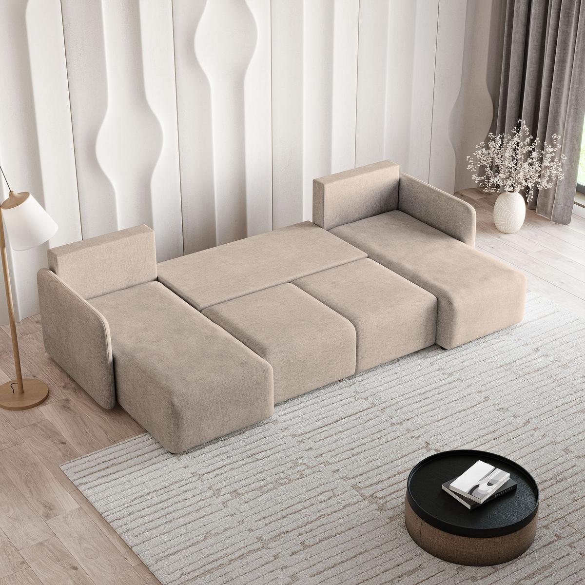 WOHNLANDSCHAFT NUBERO Beige Geflochtener Stoff mit Schlaffunktion - Beige, Holz (285/85/143cm) - MASSENO