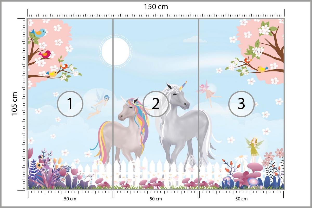 FOTOTAPETE für Kinderzimmer Einhörner Wiese Vögel Bäume Blumen 150x105 - Multicolor, Papier (150/105cm) - Muralo
