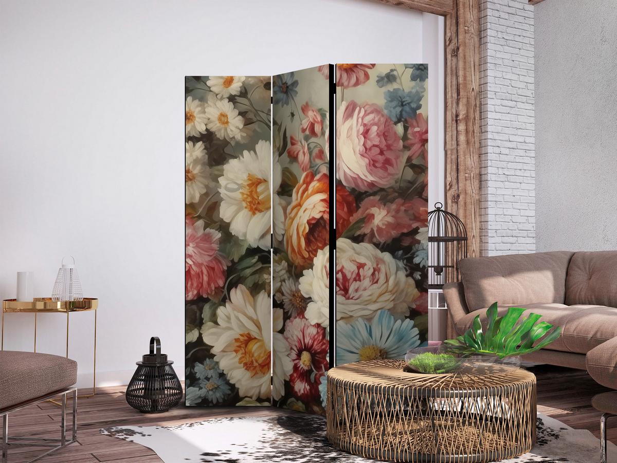 PARAVENT Beidseitig Bedruckter 3-tlg 135x172 cm Wildblumen im Retro - Multicolor, Holz/Textil (135/172/3cm) - Muralo