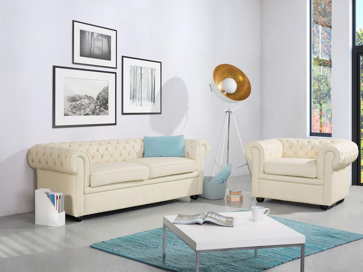 SESSEL Leder creme Chesterfield - Beige/Braun, Leder (108/70/80cm) - Beliani