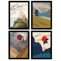 POSTER Set mit 4 Japanische Harmonie Ästhetische A3 Schwarzer Rahmen - Schwarz, Papier (29.7/3cm) - Nacnic