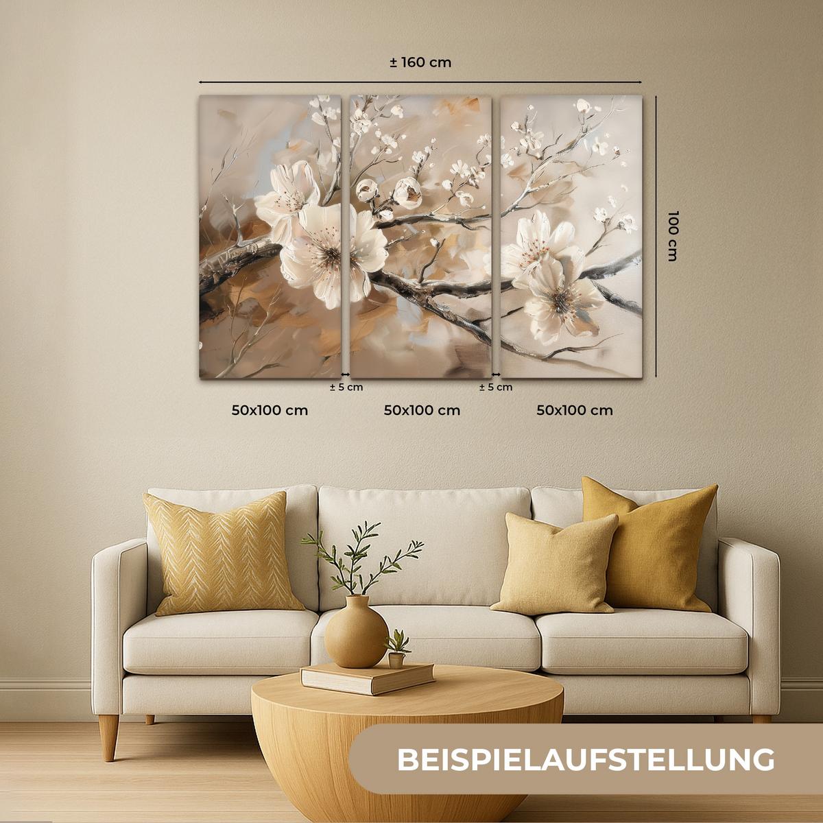 LEINWANDBILD 3er Set Blüte - Beige - Abstrakt - Blumen 180x120 cm - Hellbraun, Textil (180/120cm) - MuchoWow