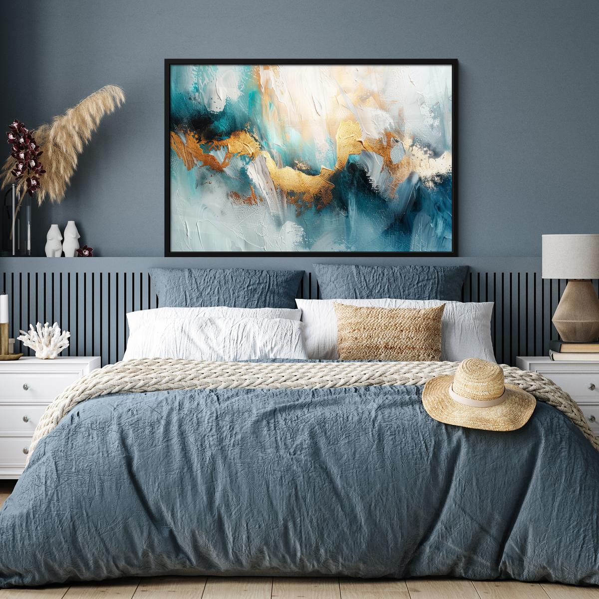POSTER MIT RAHMENGERAHMTES BILD Abstrakt - Kunst - Gold - Blau 120x80 cm - Petrol, Papier (120/80cm) - MuchoWow