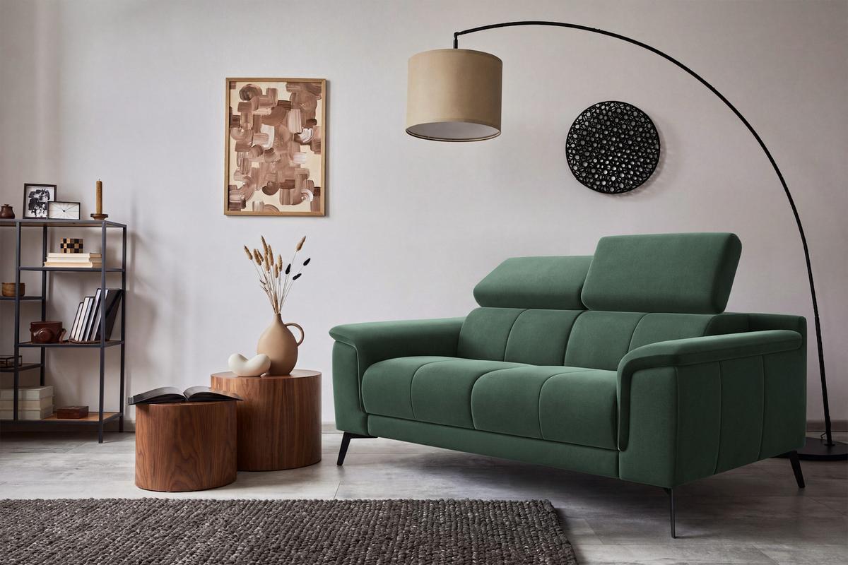 SOFA FIERO 2-Sitzer, Grüner Veloursstoff - Schwarz/Grün, Holz/Textil (170/82/103cm) - Courtois Laville