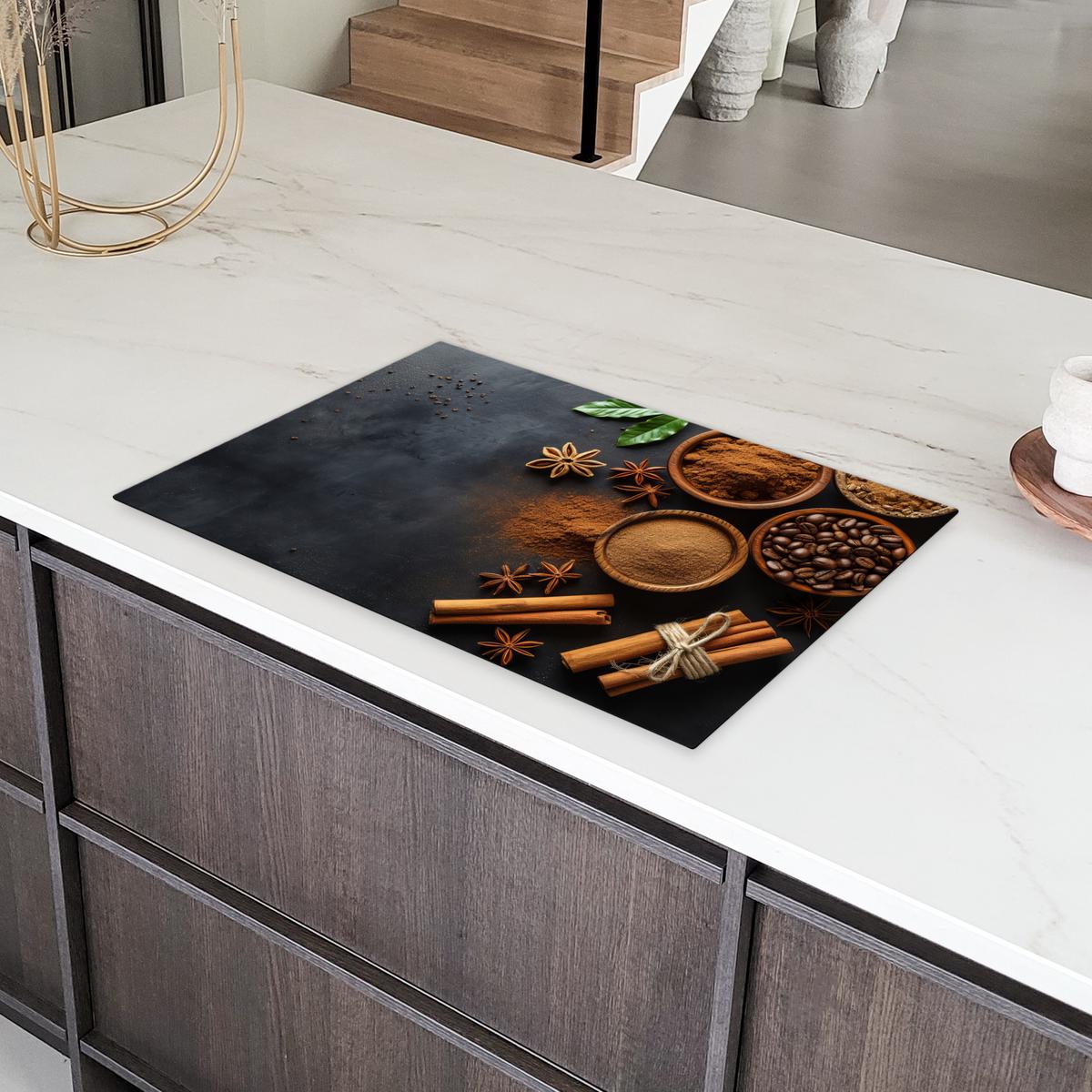 HERDABDECKPLATTE Zimt - Beton - Kaffee - Zimtstangen - Gewürze Induktionsschutz 80x52.2 cm - Mokka, Kunststoff (80.2/52.2/0.2cm) - MuchoWow
