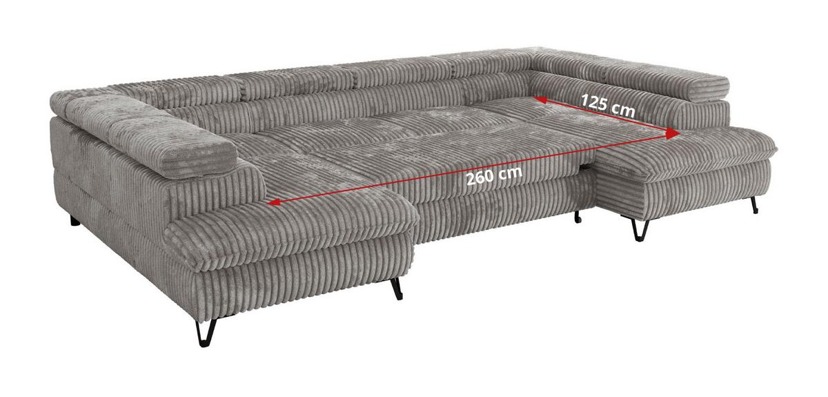 WOHNLANDSCHAFT PABLO U Cord Hellgrau - Hellgrau/Schwarz, Textil/Metall (346/76/208cm) - MKS