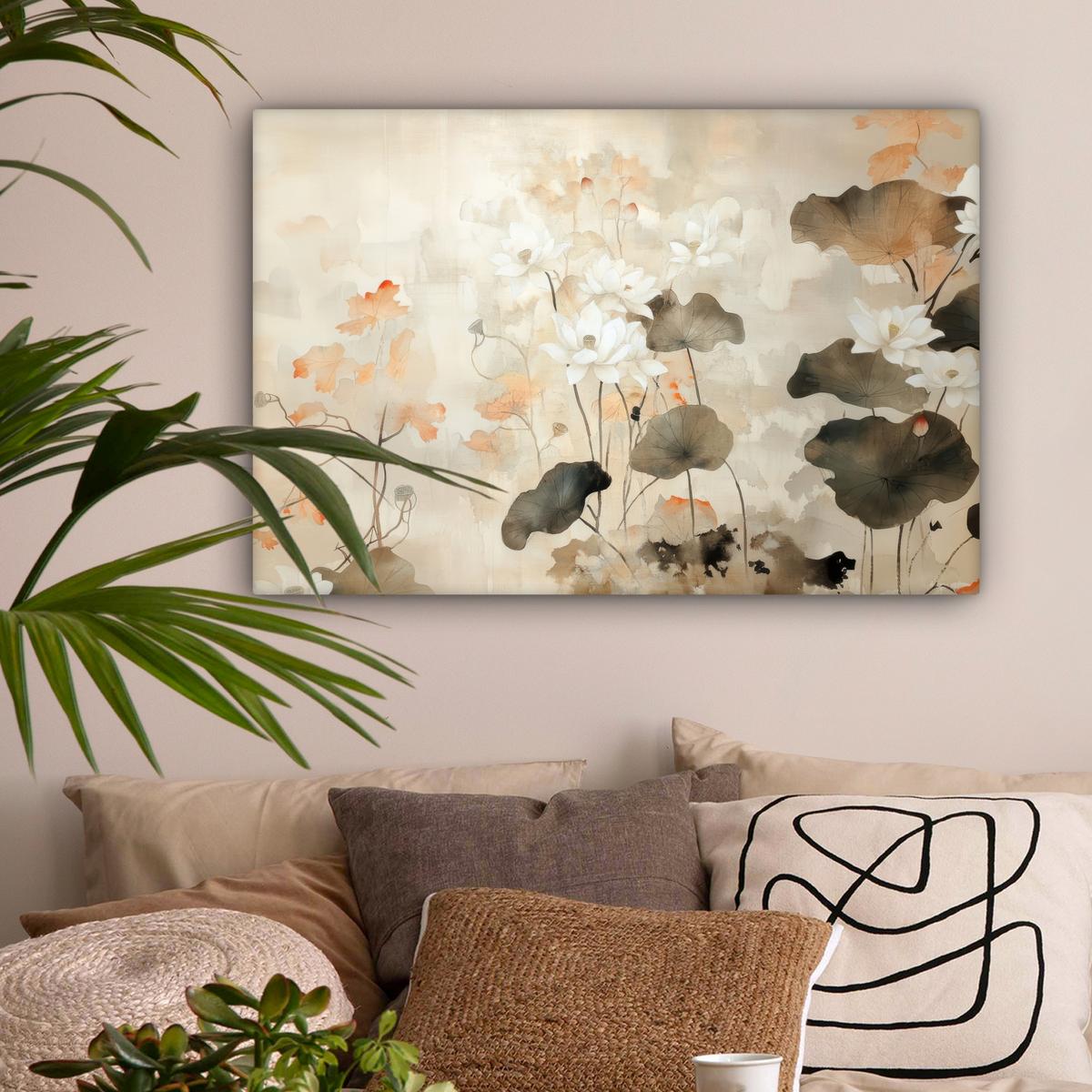 LEINWANDBILD Blumen - Japandi - Wabi sabi Wanddeko 90x60 cm - Sandfarben, Textil (90/60cm) - MuchoWow