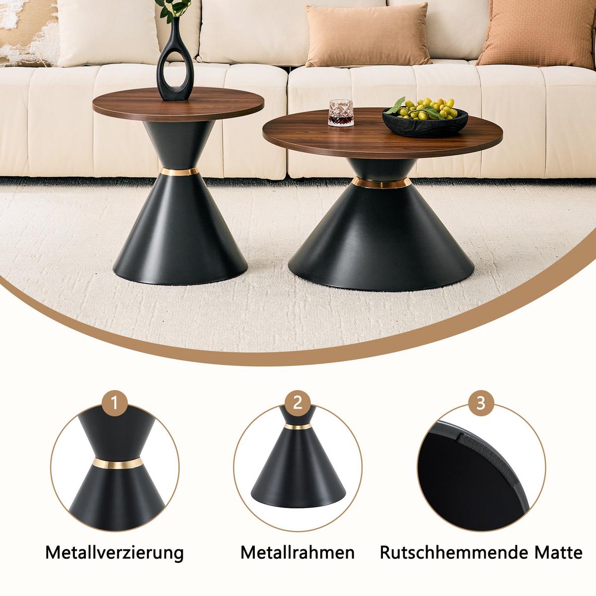 COUCHTISCH-SET Walnussoptik & Metall Schwarz Konusform - Walnussfarben, Metall (70/70/42.5cm) - Urban Meuble