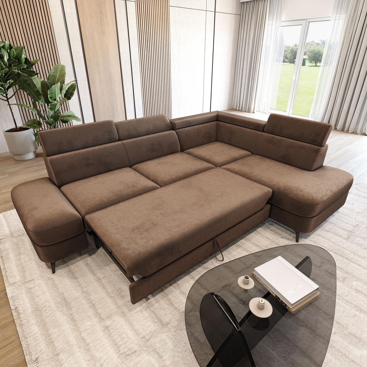 ECKSOFA AVISE M R-S Beige Velours-Stoff mit Schlaffunktion - Beige, Holzwerkstoff/Textil (268/195cm) - MASSENO