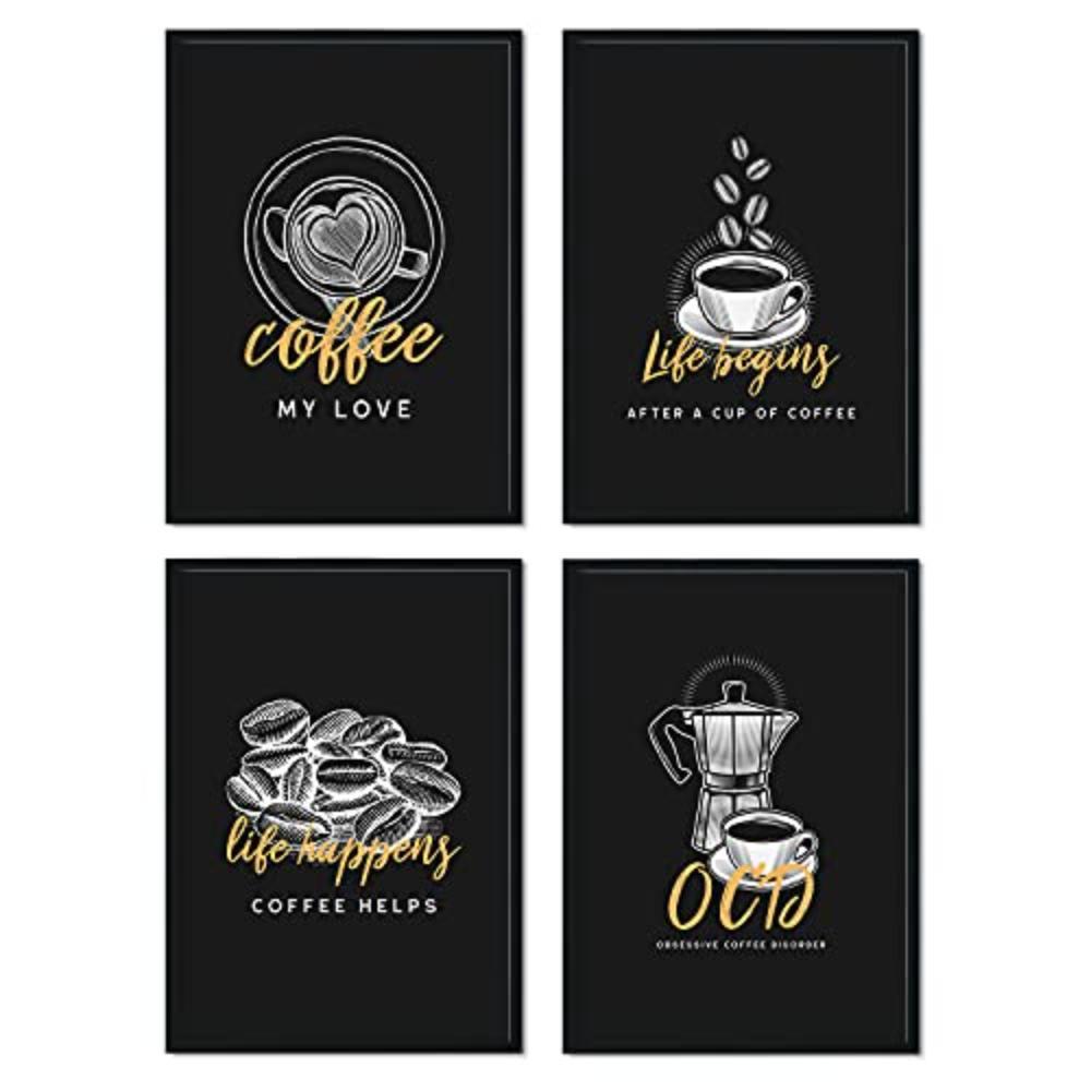 POSTER Set mit 4 für Cafés, Restaurants und Kaffeeliebhaber A4 Schwarzer Rahmen - Schwarz, Papier (29.7/3cm) - Nacnic