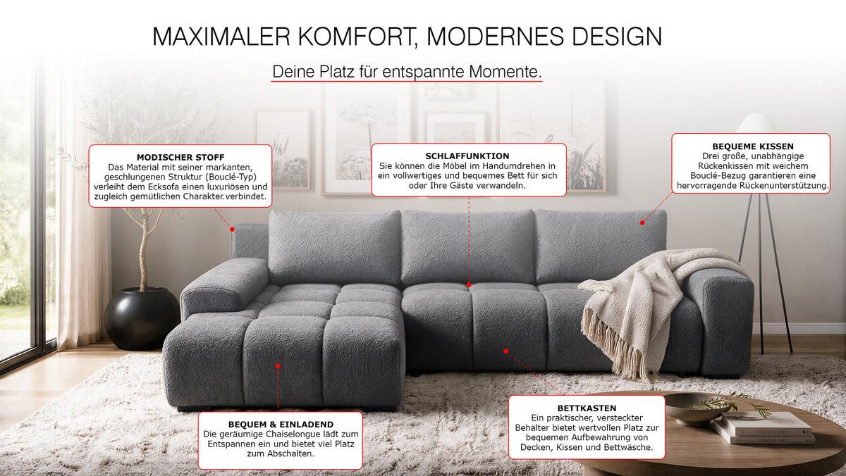 ECKSOFA Ovia mit Bettkasten und Schlaffunktion, Bouclé-Stoff in L-Form - Dunkelgrau, Textil (270/185cm)