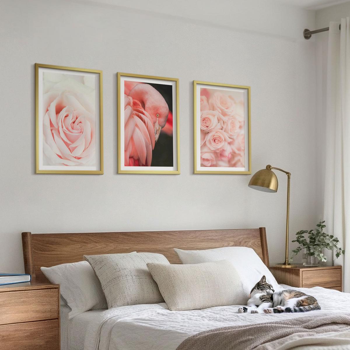 BILDER SET 3er Set - 40x60 cm Goldrahmen - Zartrosa Flamingos - Goldfarben, Kunststoff (40/60cm) - TULUP