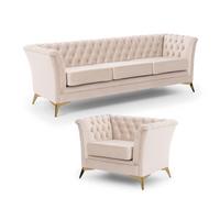 SITZGARNITUR 3+1 Chesterfield Whitby Beige Samt mit goldenen Füßen - Beige/Goldfarben, Holz/Textil (237/78/82cm) - S-Style Möbel