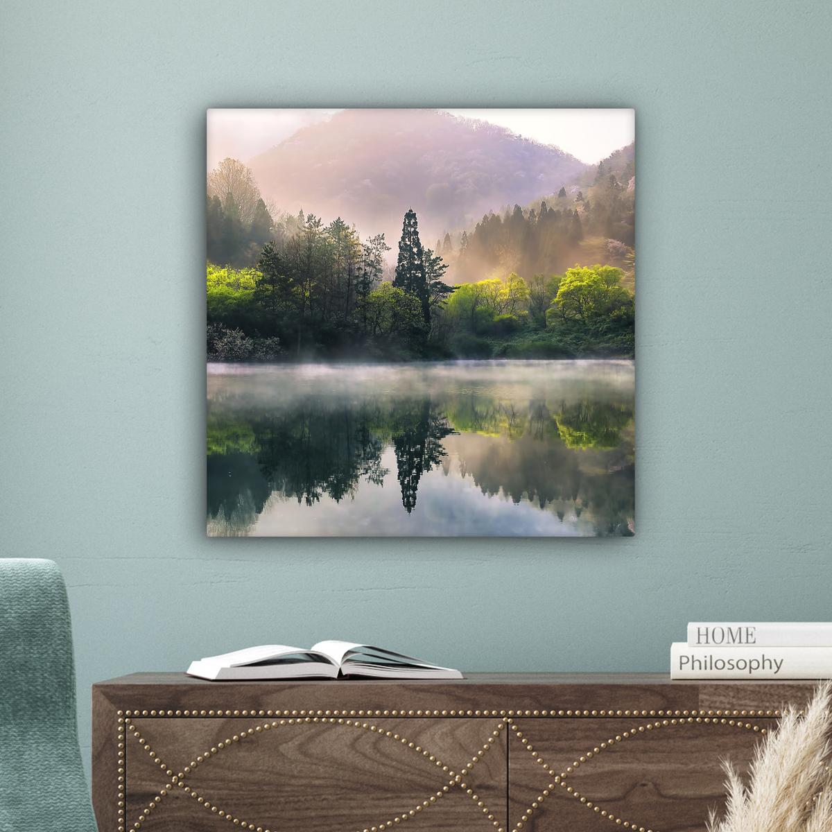LEINWANDBILD Natur - Bäume - Berge - See - Wasser Wandbild Wohnzimmer 50x50 cm - Hellgrün, Textil (50/50cm) - MuchoWow
