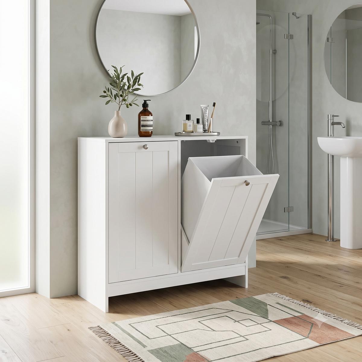BADEZIMMERSCHRANK Kippbar Weiß mit 2 Fächern & Herausnehmbaren Körben - Weiß, Holzwerkstoff (66/68/33cm) - Urban Meuble