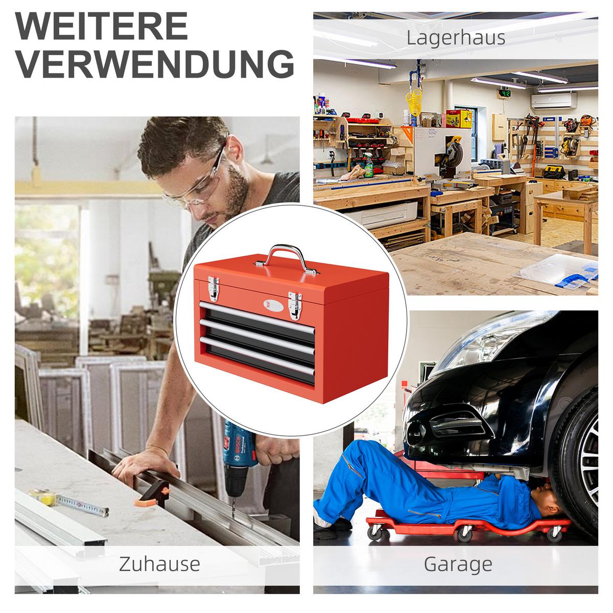 WERKZEUGKISTE leer, 45 x 24 x 27 cm Werkzeugkasten mit 3 Schubladen, Rot - Rot, Metall (24/27/45cm) - DURHAND