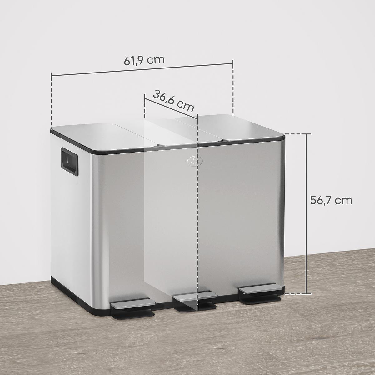 MÜLLEIMER 3x20L Abfalleimer aus Edelstahl mit Softclose Deckel Deodorant-Fächern - Silberfarben, Metall (36.6/56.7/61.9cm) - HOMCOM