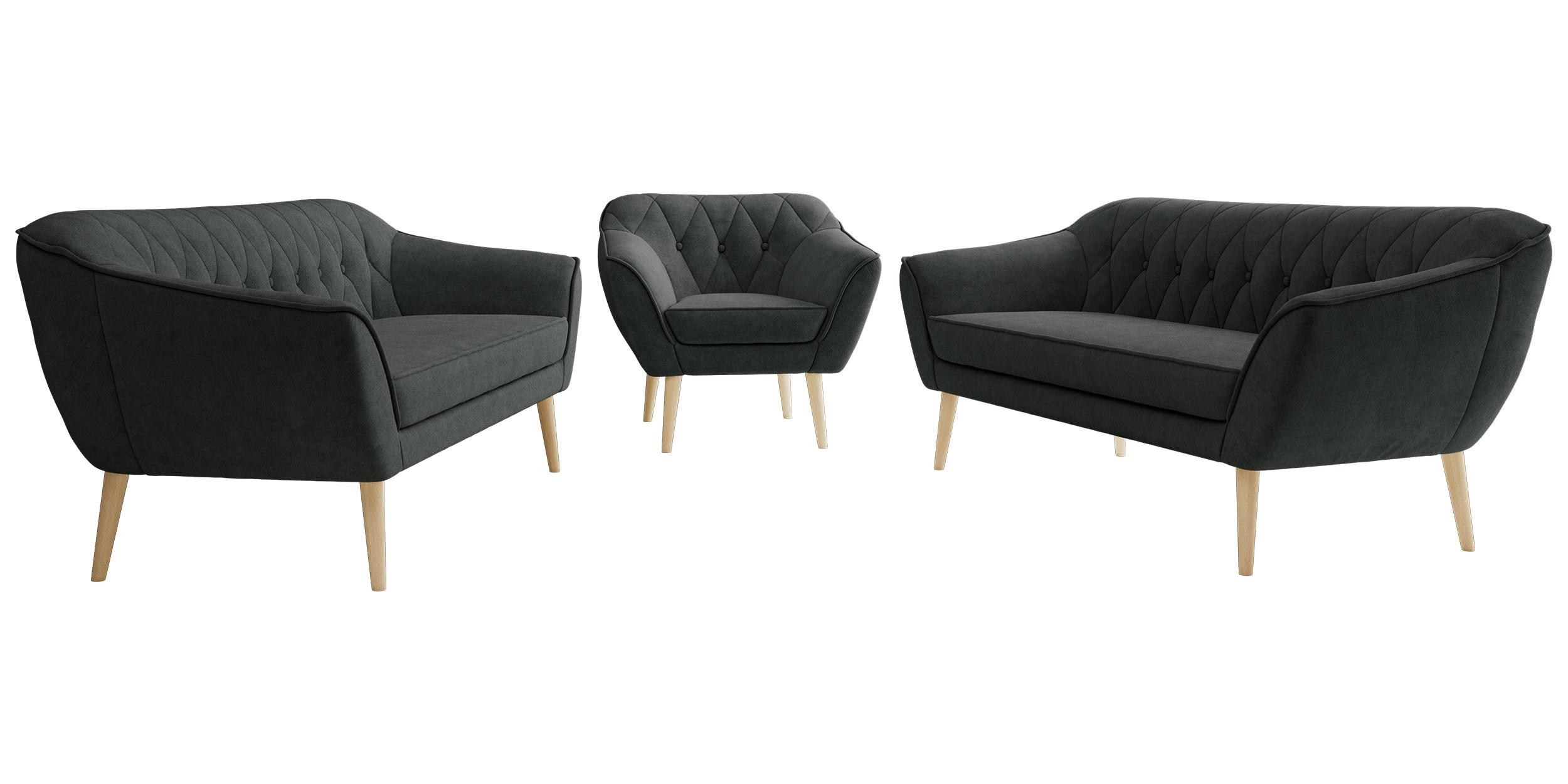 SITZGARNITUR PIRS 3+3+1 - Dunkelgrau Strukture - Holzbeine - Dunkelgrau/Buchefarben, Holzwerkstoff/Textil (180/75/74cm) - MKS
