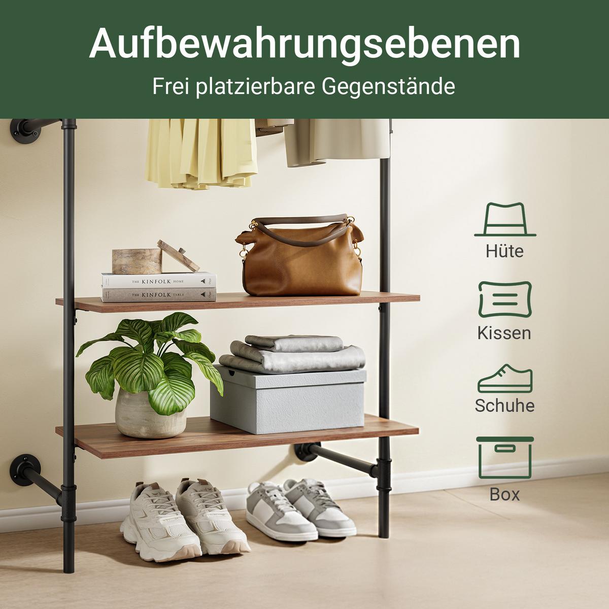 KLEIDERSTANGE mit 2 Regalböden, 45kg Tragkraft, 91,5x48x220cm - Schwarz, Metall (48/220/91.5cm) - SoBuy
