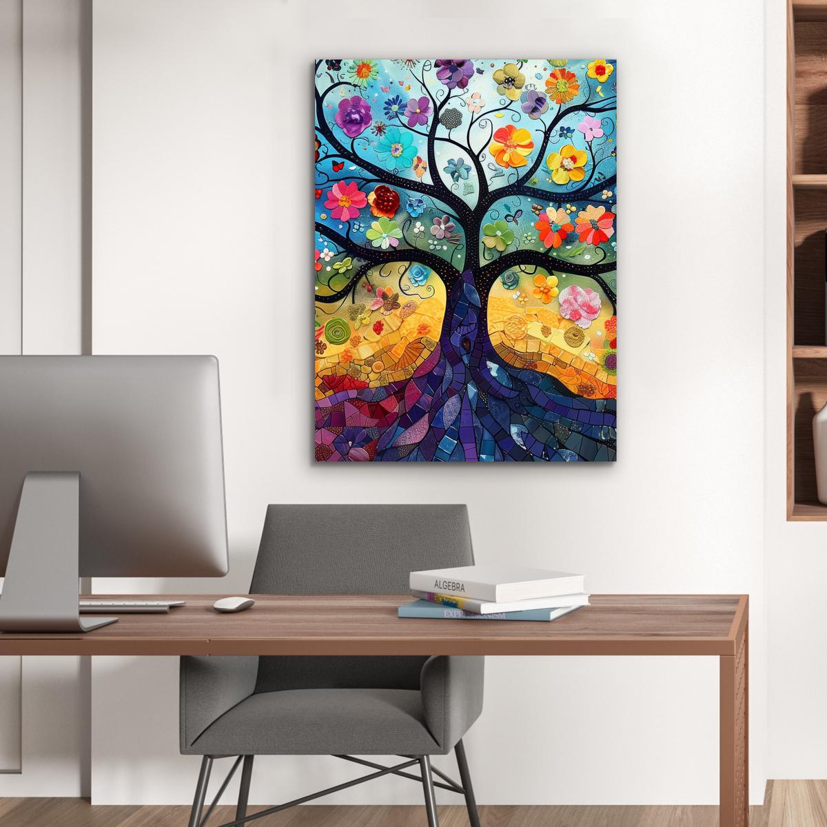 METALLBILD Kunst - Baum des Lebens - Blumen - Hippie 60x80 cm - Dunkelblau, Metall (60/80cm) - MuchoWow