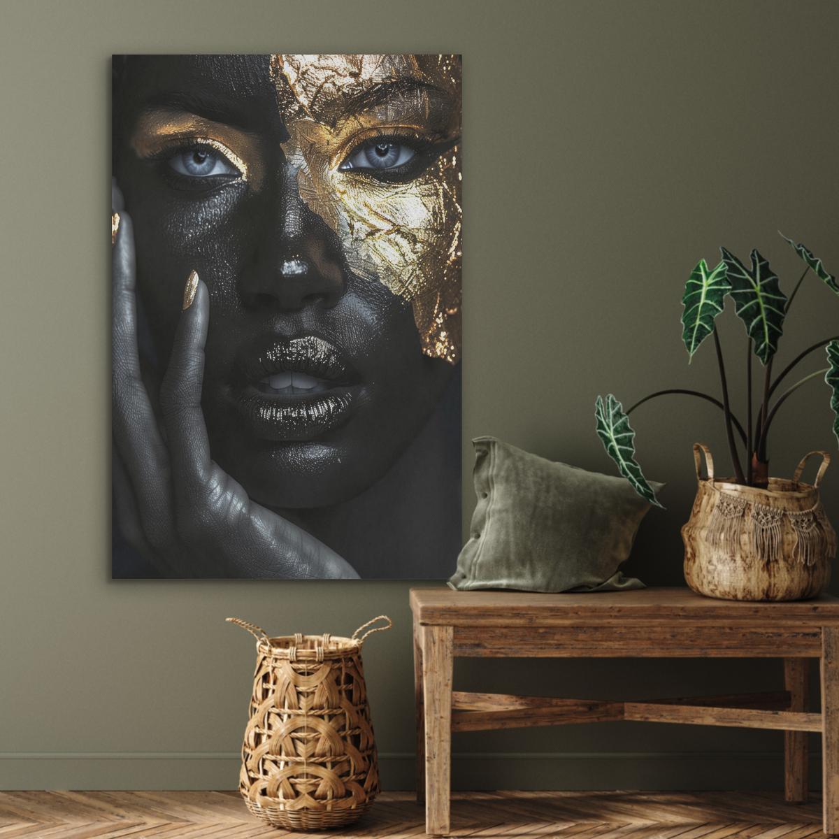 AKUSTIKBILD Frau - Gold - Porträt - Schwarz-Weiß - Luxus Wanddeko 70x100 cm - Hellblau, Kunststoff (70/100/0.9cm) - MuchoWow