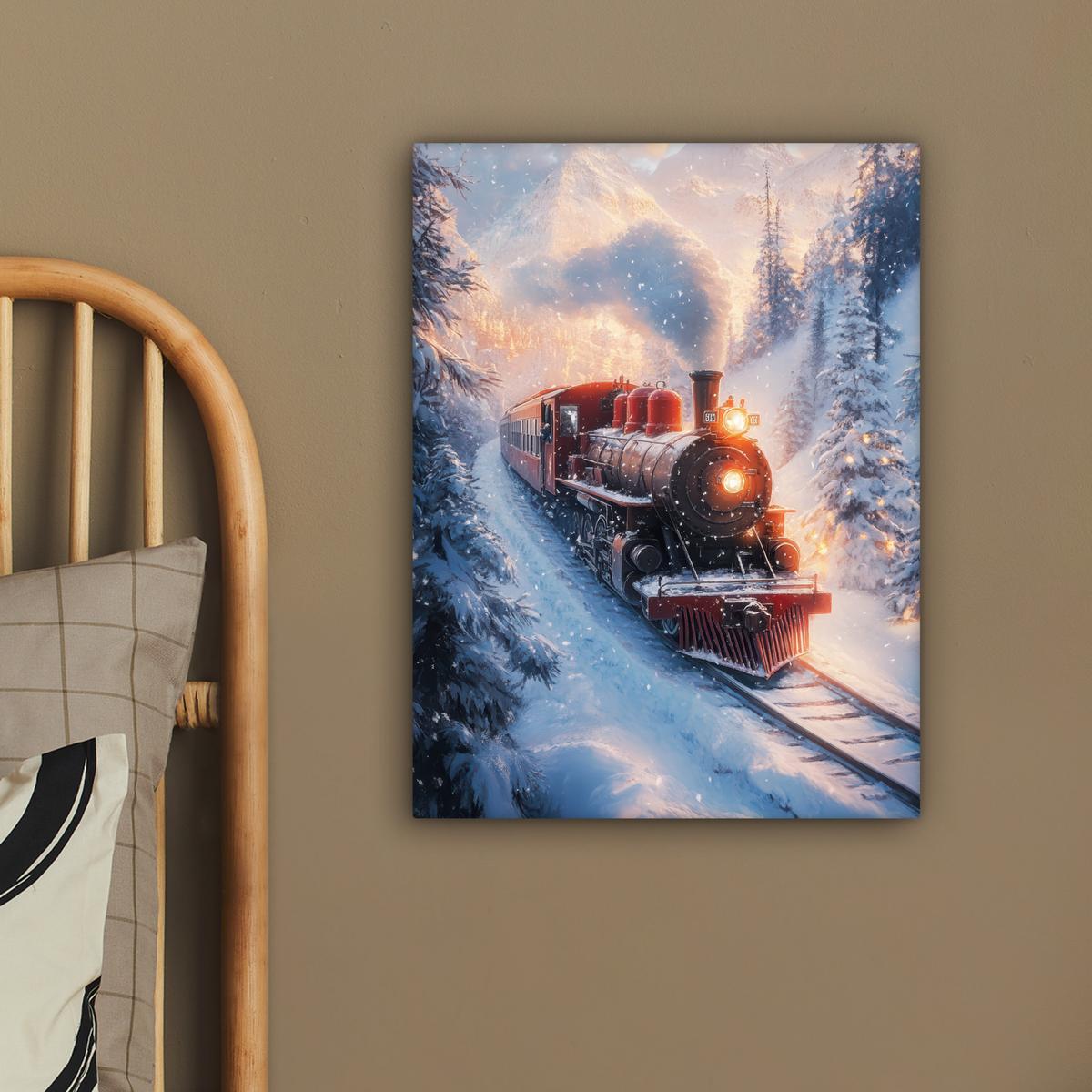 LEINWANDBILD Weihnachtszug - Schnee - Winter - Weihnachten Room Decor 30x40 cm - Dunkelrot, Textil (30/40cm) - MuchoWow